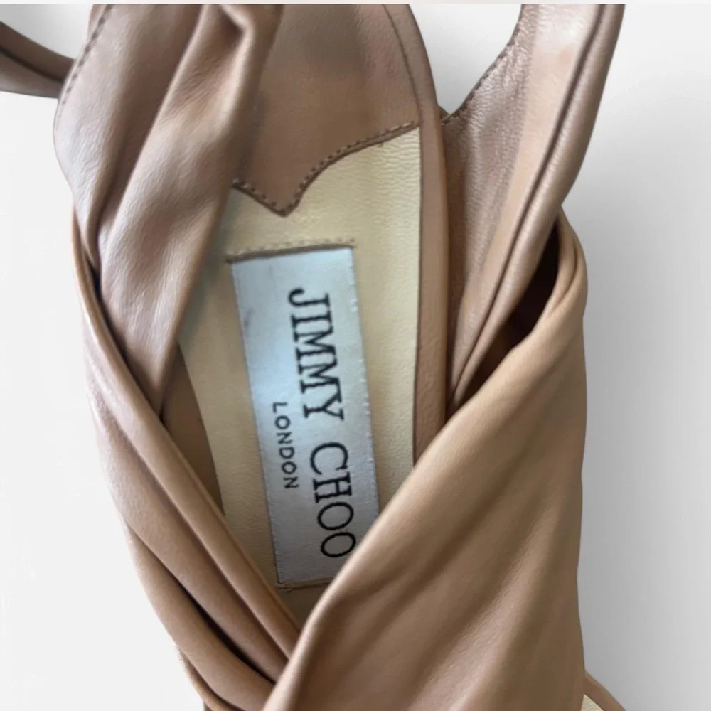 Jimmy Choo Tan Heeled Sandals with Woven Strap Design size 6.5